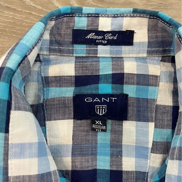 GANT Manor Cord Fitted Blue Plaid Cotton Lightweight Summer Casual Shirt XL - Picture 3 of 6